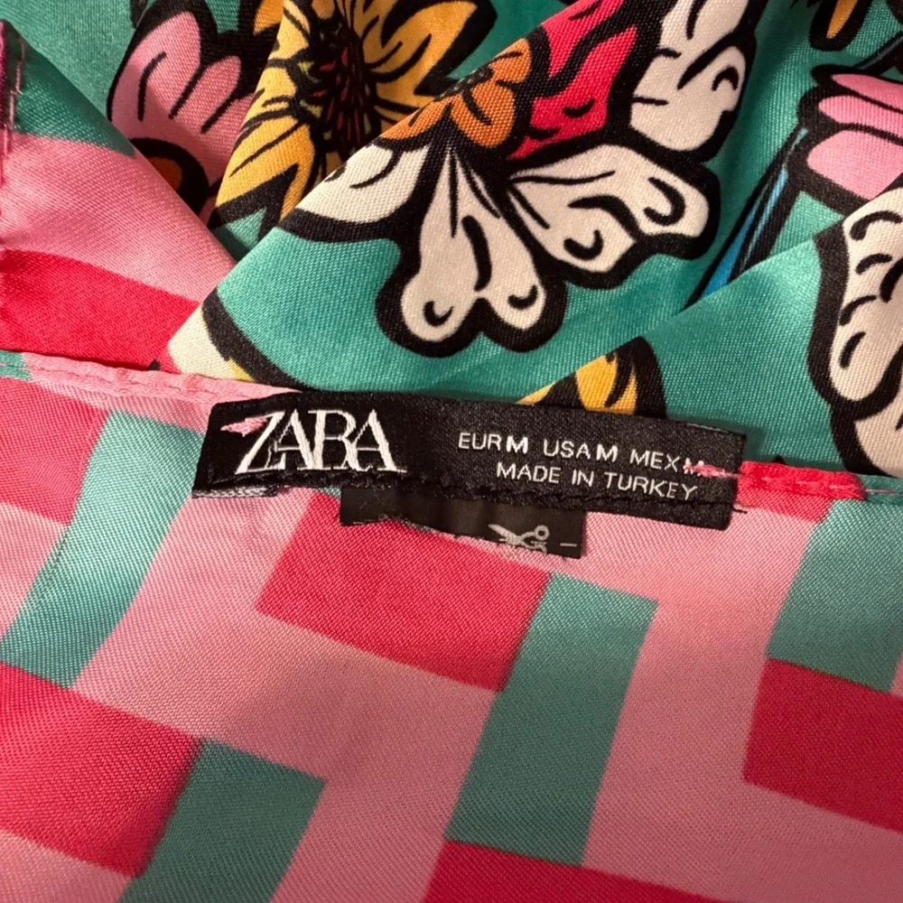 Zara Floral Geometric Square Scarf Pink Teal Green Silk Feel Neckerchief 26x28.5